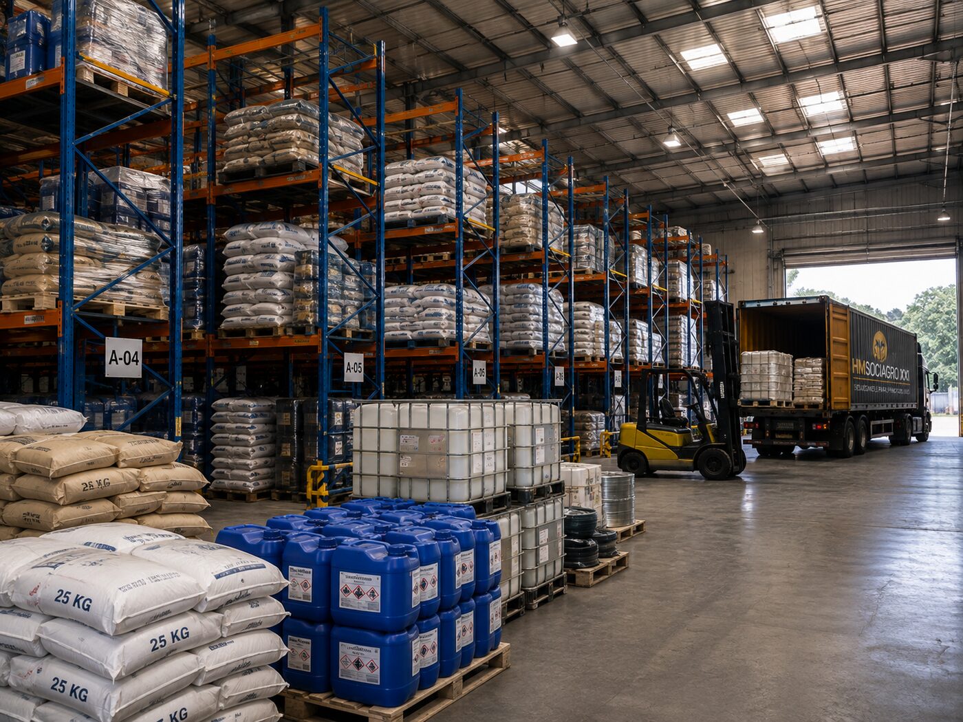 Almacén de HMSOCIAGRO XXI con productos paletizados, montacargas en operación y camión de la empresa cargando mercancía