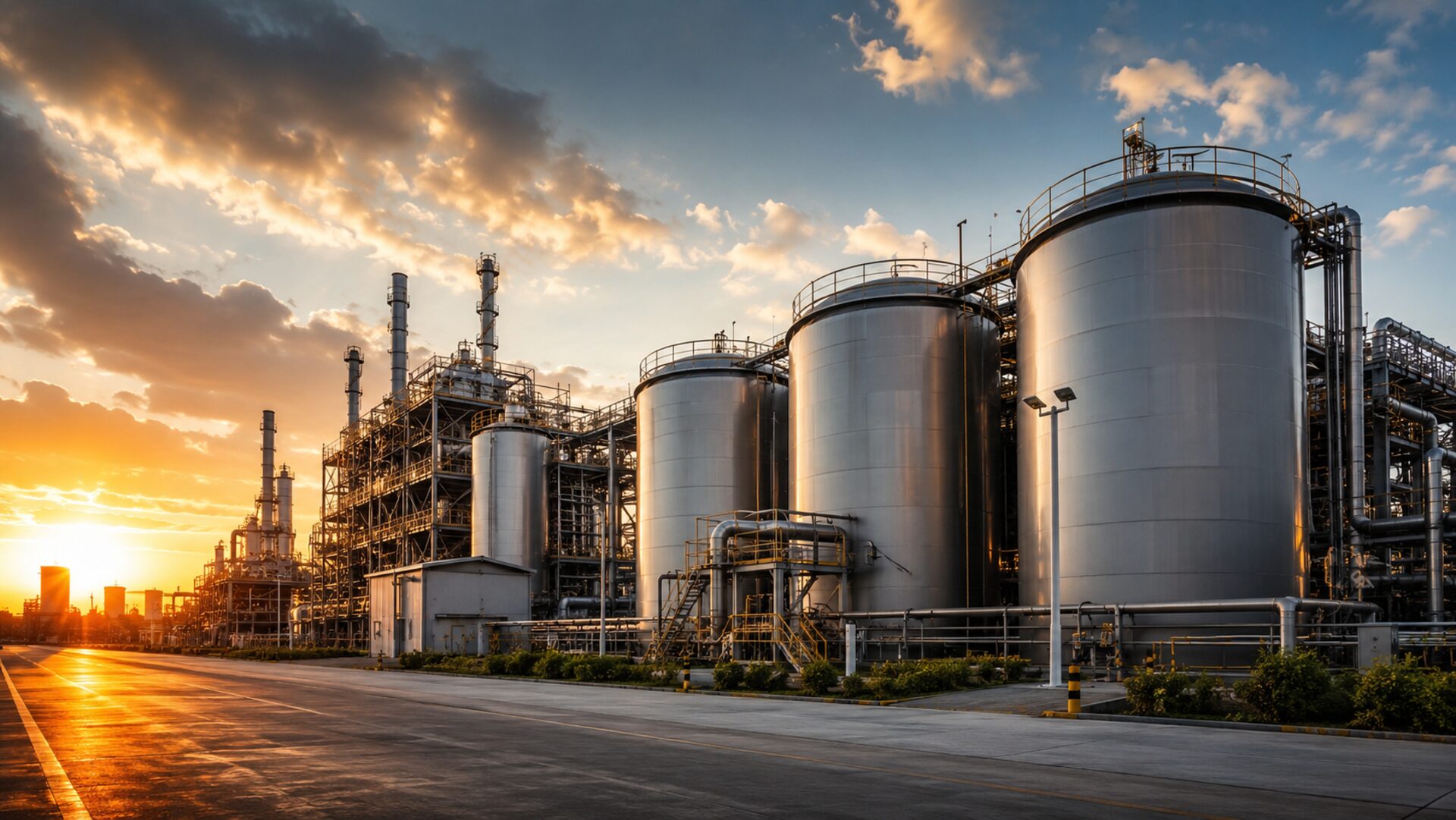 Planta industrial con tanques de almacenamiento al atardecer