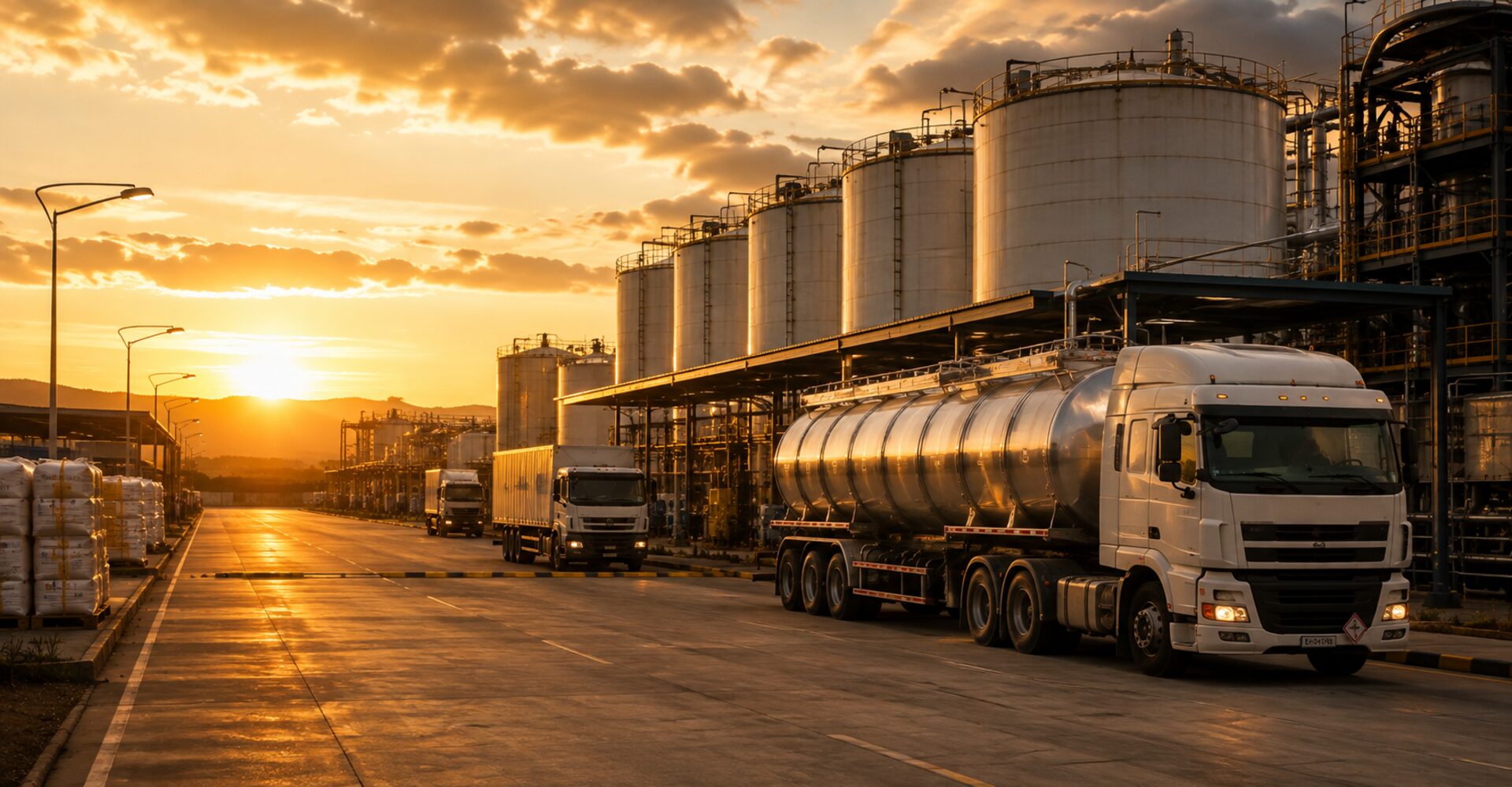 Flota de camiones cisterna y contenedores de HMSOCIAGRO XXI en una planta de almacenamiento industrial al atardecer