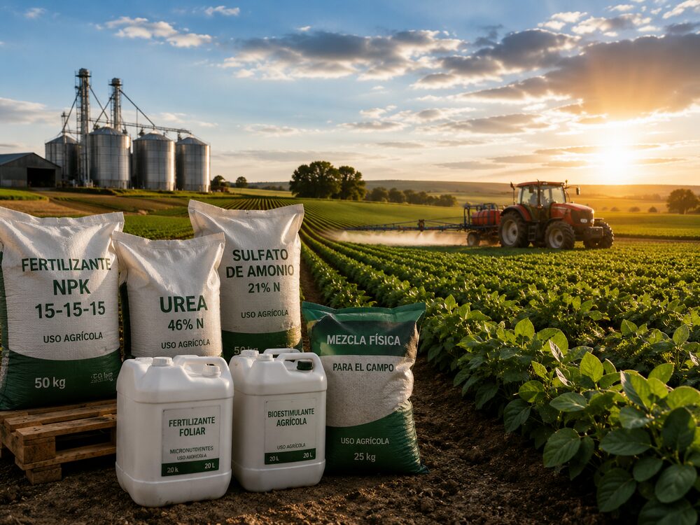 Sacos de fertilizante y bioestimulantes agrícolas en un cultivo, con tractor fumigando y silos al fondo